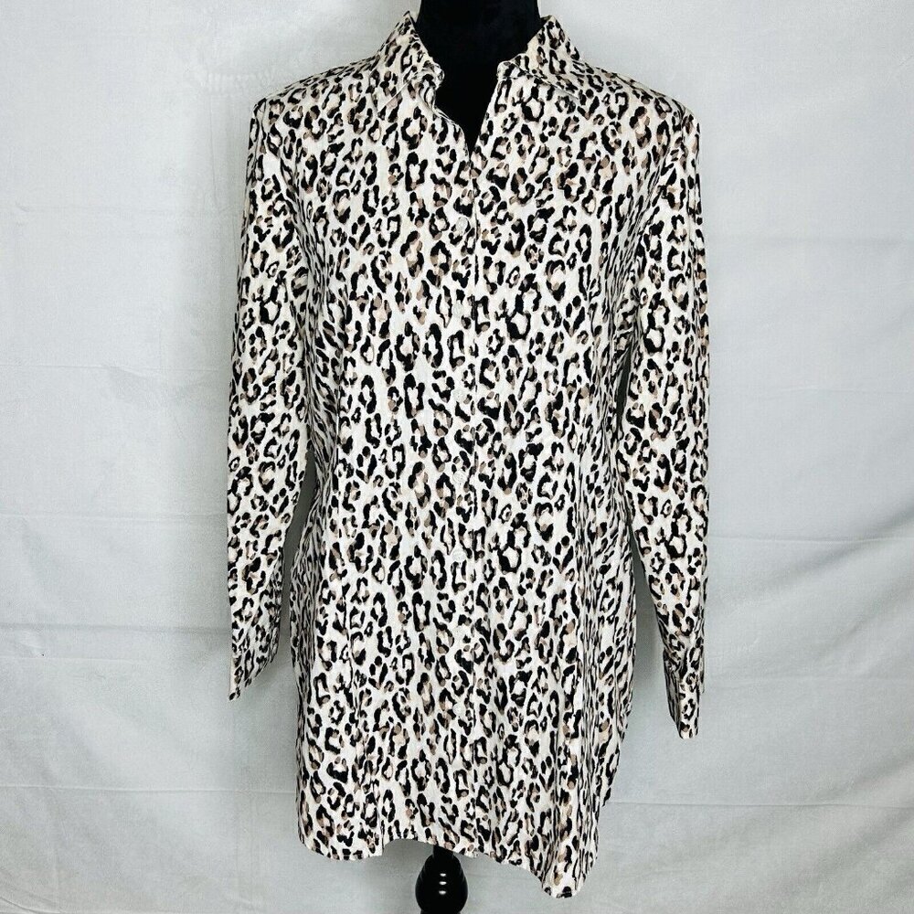 Chico's Leopard Print Blouse Woman's Button-Down Size 2 (L) Black Brown White